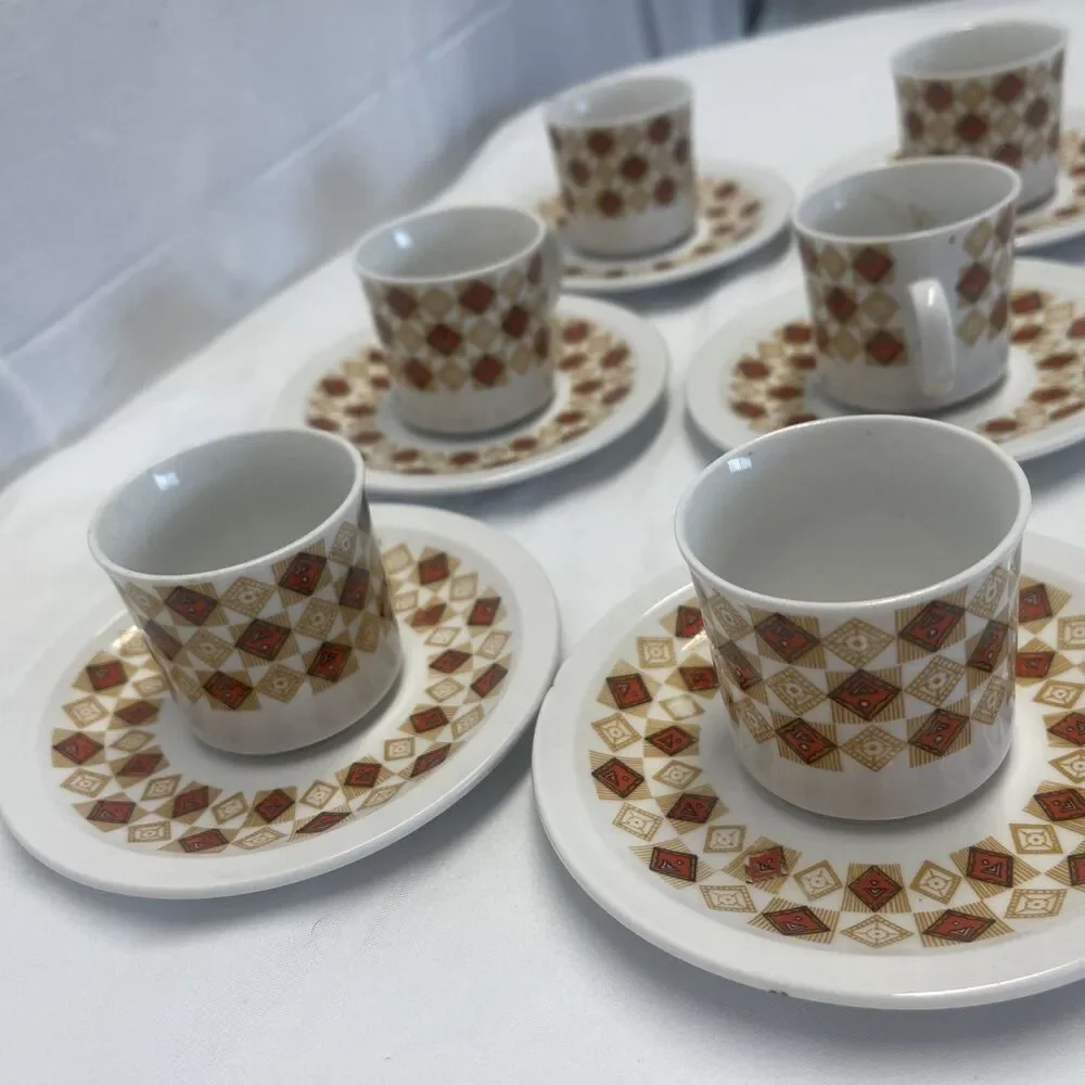 Vintage German Style Set Demitasses Porcelain Tea Espresso MCM Set 6 Cups Saucer